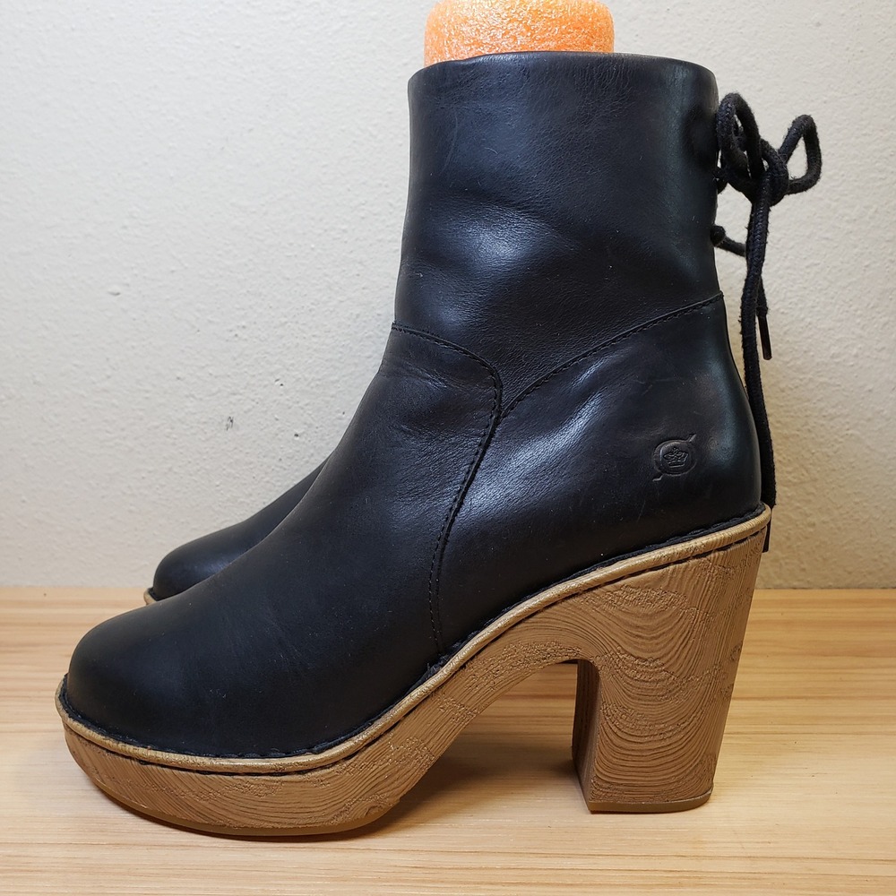 Born Flannel Lined Capella Ankle Boots Black Leather Wood Platofrm Heel Boho 7